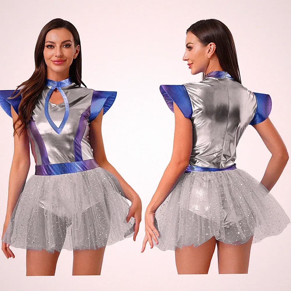 Damen Glänzend Metallic Minikleid A Linie Holografisch Faltenkleid Disco Club
