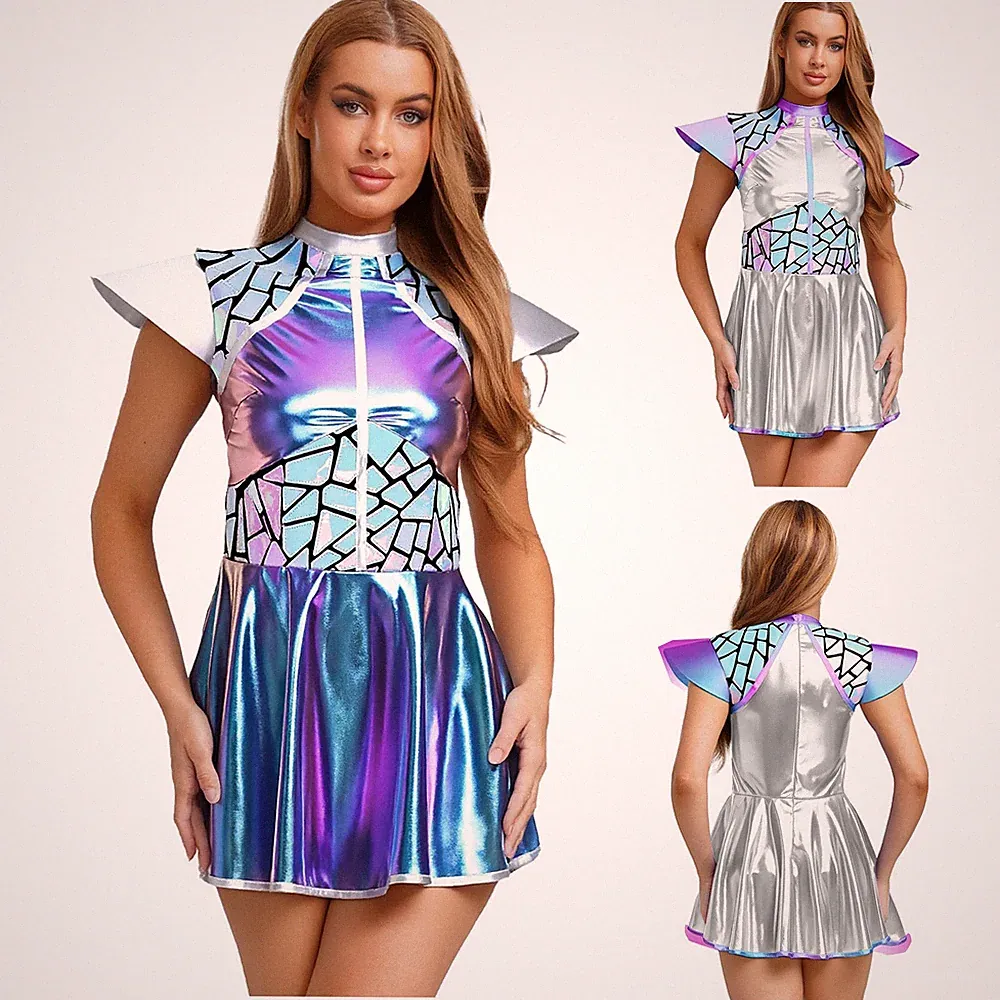 Damen glänzendes Alien-Kostüm Spacewoman Metallic A-Linien Kleid Halloween-Party
