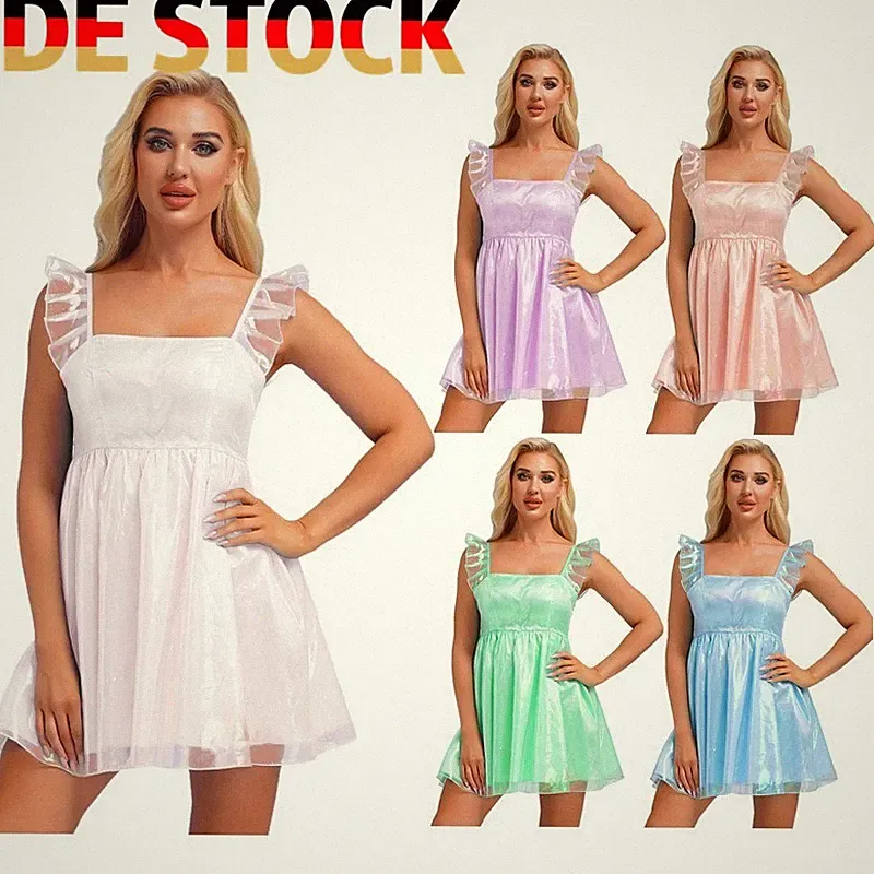 Damen Glitzer Rüschenärmel A-Linie Layered Prinzessin Kleid Cocktail Nachthemd