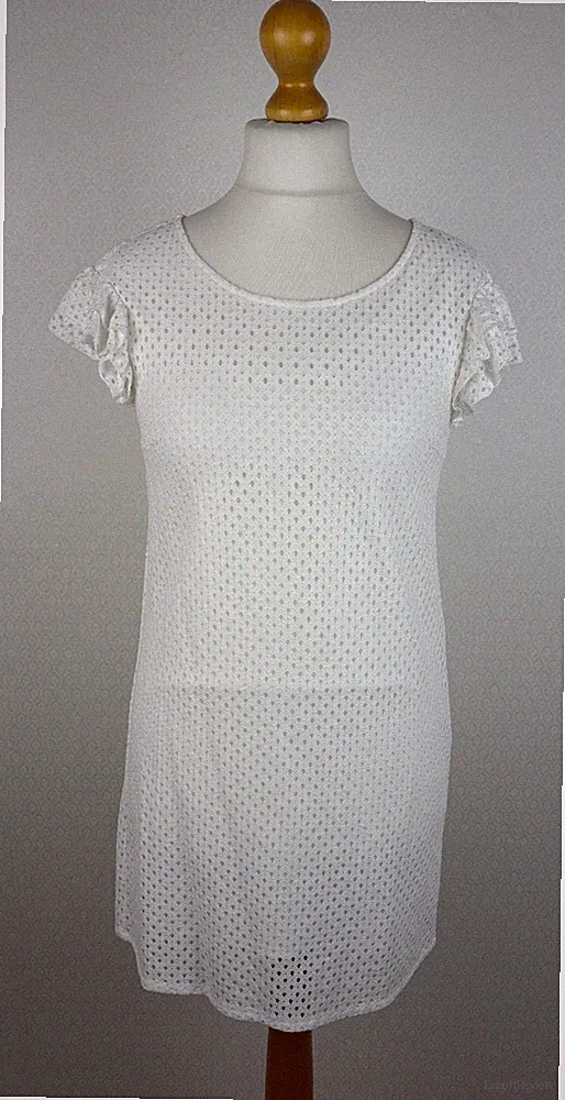 Damen Gr. 38 Minikleid weiß Spitze Rüschenärmel Kleid Etuikleid Cocktail 005