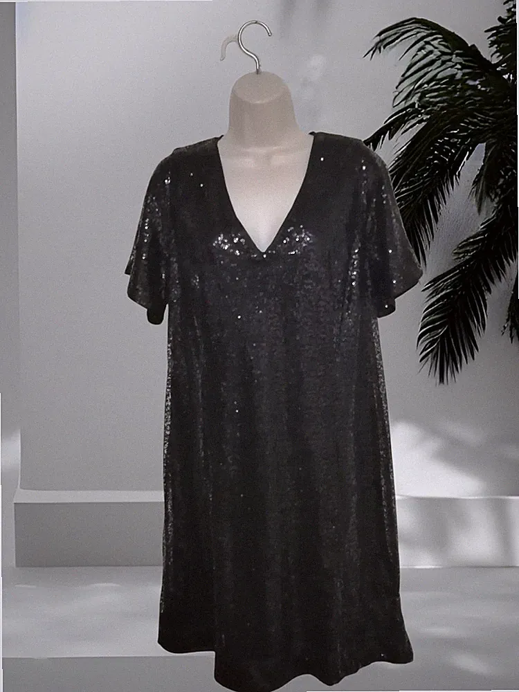 Damen Größe 16 schwarz Pailletten Anthology Cocktail Kreuzfahrt Kleid V-Ausschnitt gefüttert