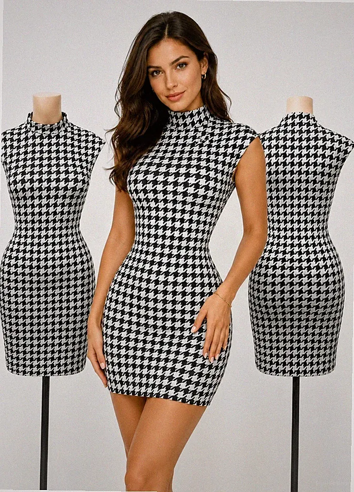 Damen Hahnentritt Kleid Schwarz Weiß Bodycon Etuikleid Elegant StehkragenAltern