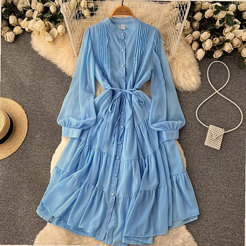 Damen Hemdkleid Langarm Gerafft Dünn Chiffon Midi Swing Party Elegant Süß