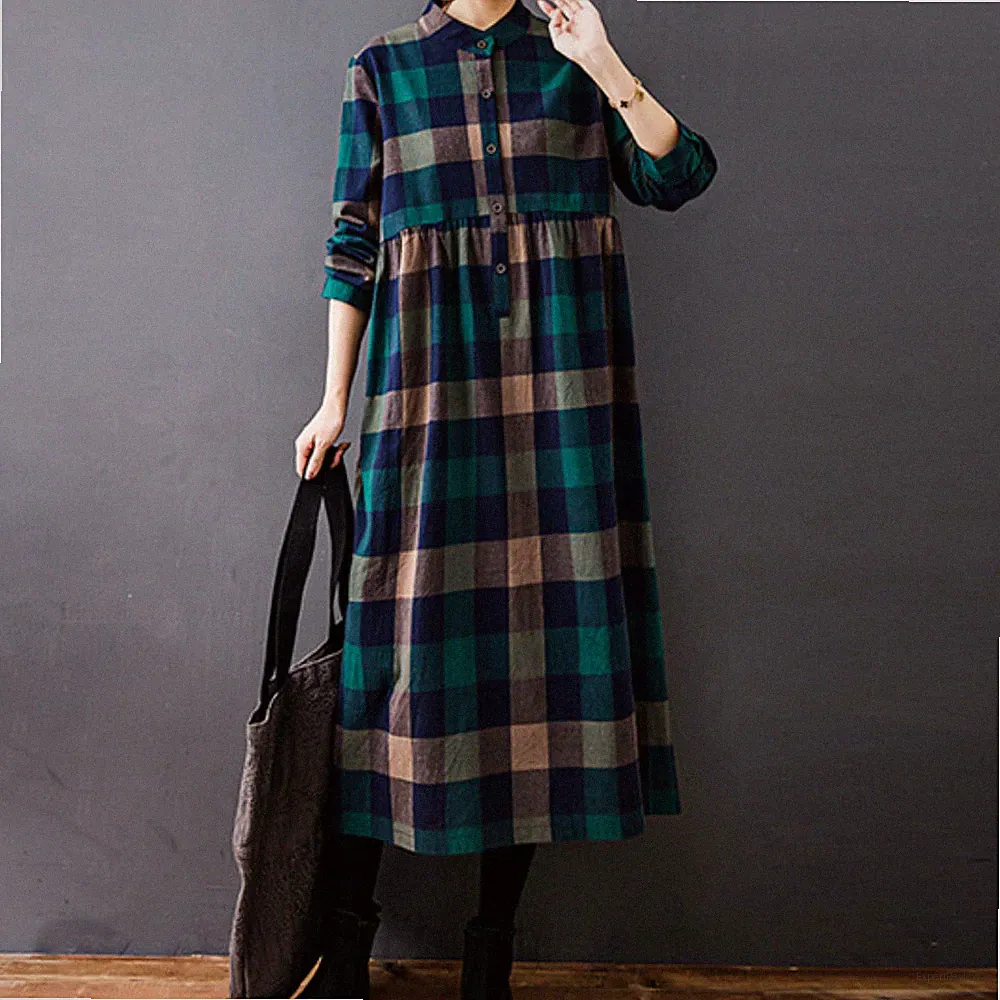 Damen Kariertes Kleid A-Linie Tartan Lang Freizeit Retro Hohe Taille Langärmelig