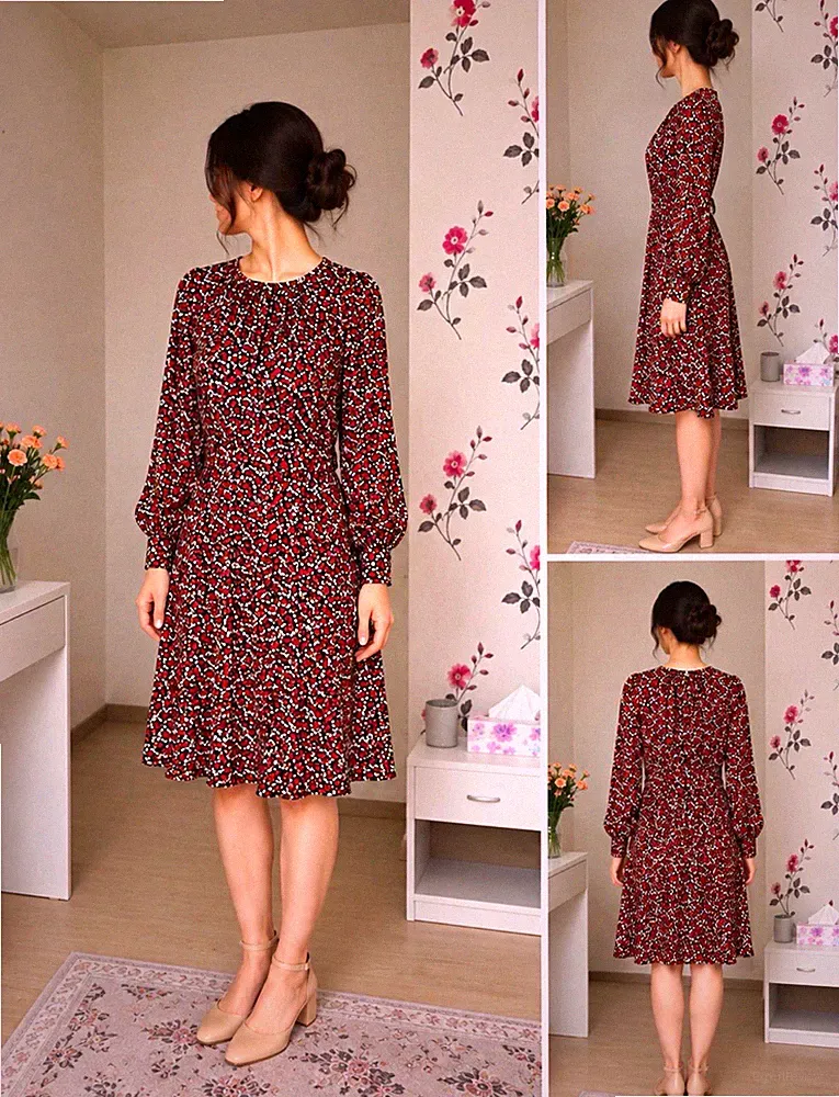 Damen Kleid A-Linie knielang Langarm Rundhals rot/schwarz Blumen Rüschen S/M