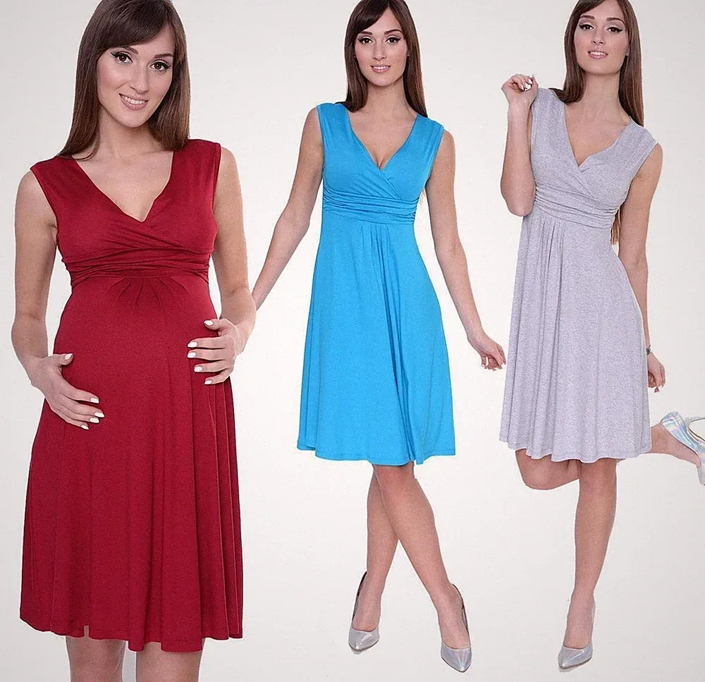 Damen Kleid A-Linie Knielang mit Raffungen Sommer überlappender V-Ausschnitt
