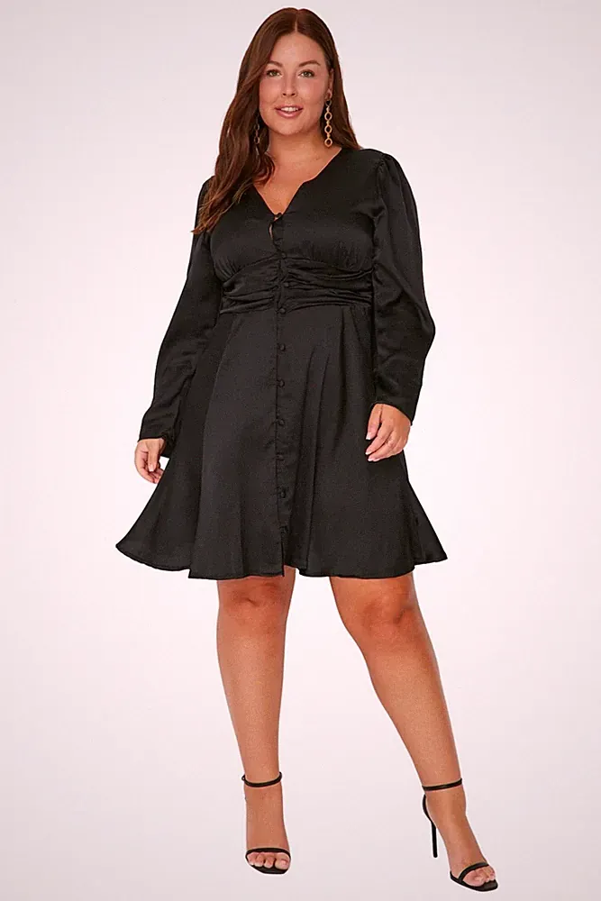 Damen Kleid A-Linie V-Ausschnitt Schwarz 46 EU Webstoff Übergröße Trendyol