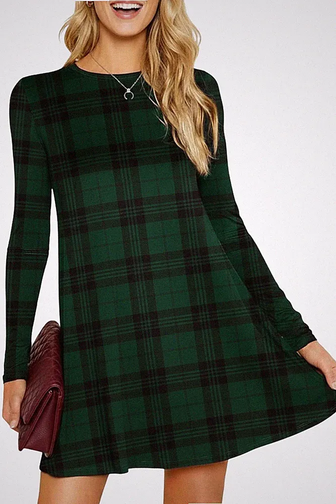 Damen Kleid ausgestellte ALinie langärmlig MidiLänge Flaschengrünes Tart...