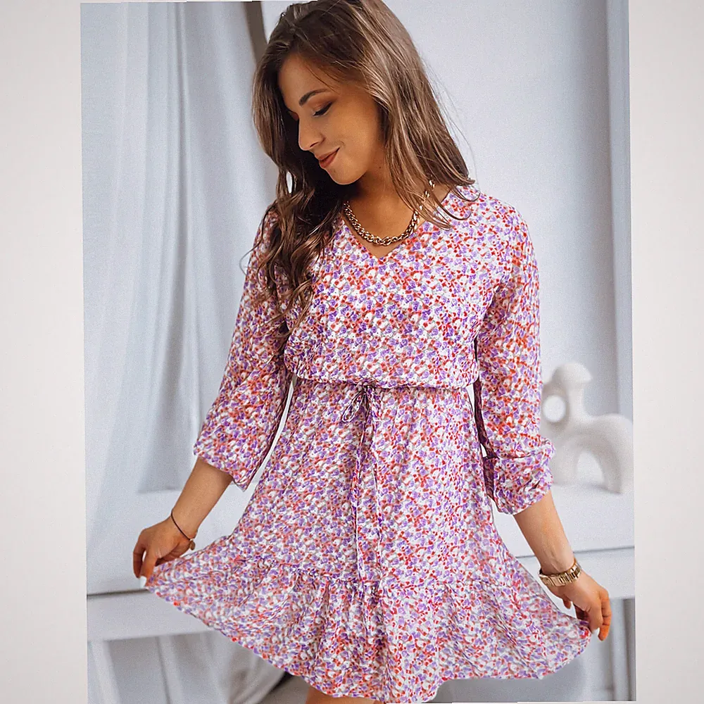 Damen Kleid Blumenmuster V-Ausschnitt Rüschen Basic Damenkleid 3/4 Armel DSTREET