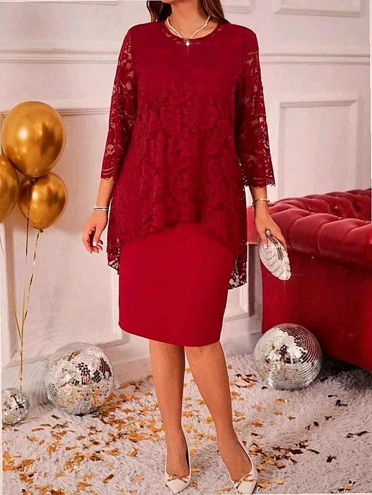 Damen Kleid Bordeaux Elegant Spitze Festkleid 3/4 Arm