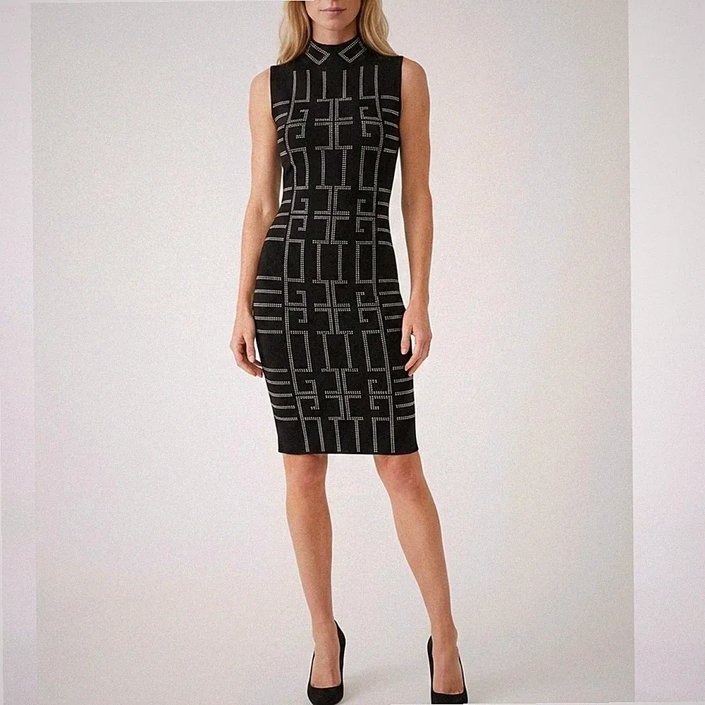 Damen Kleid Etui Gr. 36 38 Strickkleid mit Strass Schwarz