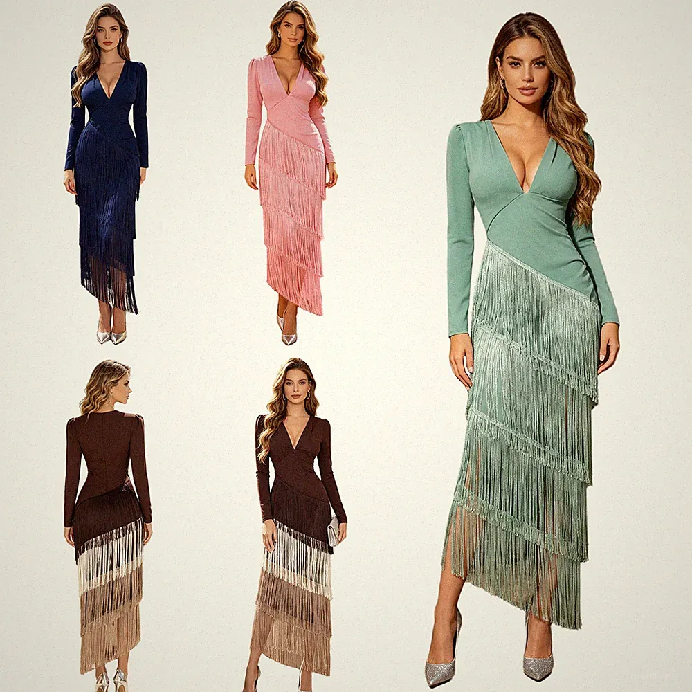 Damen Kleid Festlich Fransenkleid Tiefer V Ausschnitt Partykleid Brautjungfern