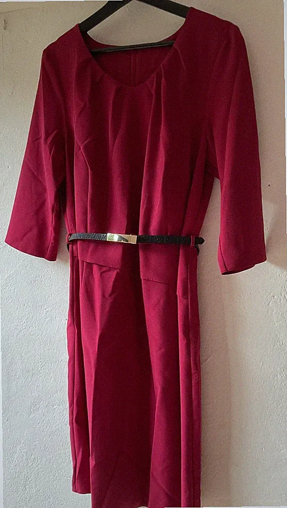 Damen Kleid Gr. L Etui Kleid ROT Klassisch Boutique Weinrot mit Gürtel 3/4 Arm