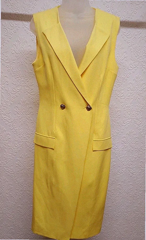 Damen Kleid Größe 10 Gelb Ärmellos Blazer Midi Länge Kleid Sommer Neu mit Etikett