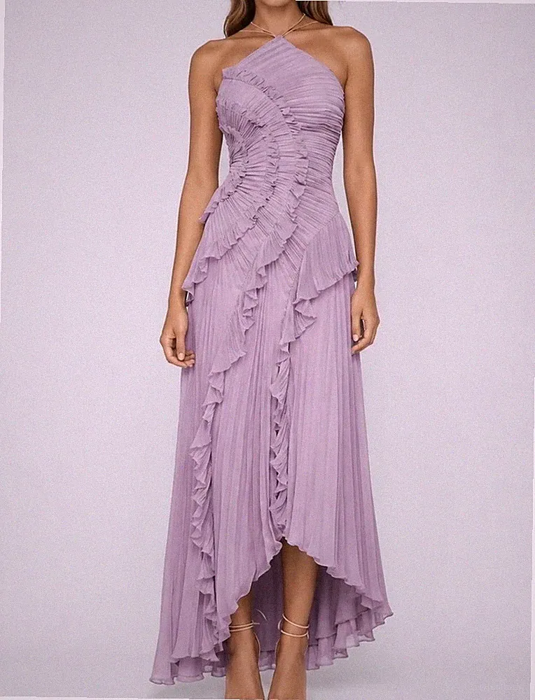 Damen Kleid, Hochzeitsgast, Gr. M, Flieder, plissiert,lang, Beinschlitz,ärmellos