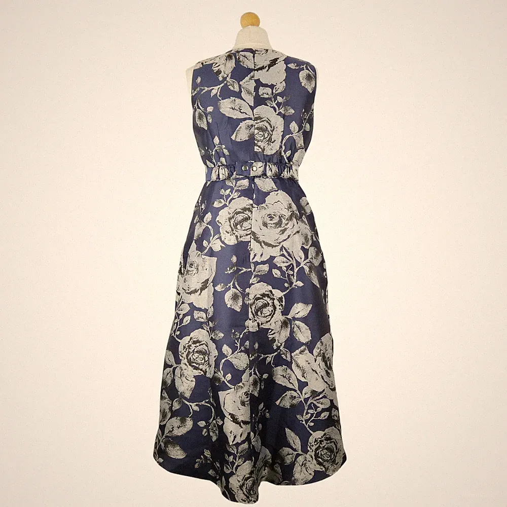 Damen Kleid Jacquard Marine Kleid Größe 8 mit Gürtel Hochzeitsgast A-Linie Damen