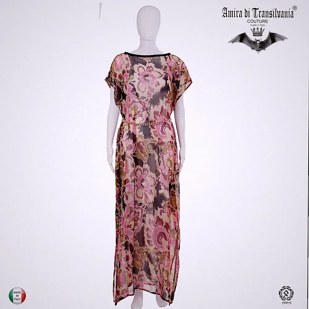 Damen Kleid Kaftan Lang Chiffon Blumenmuster Blumen High Fashion Couture S M