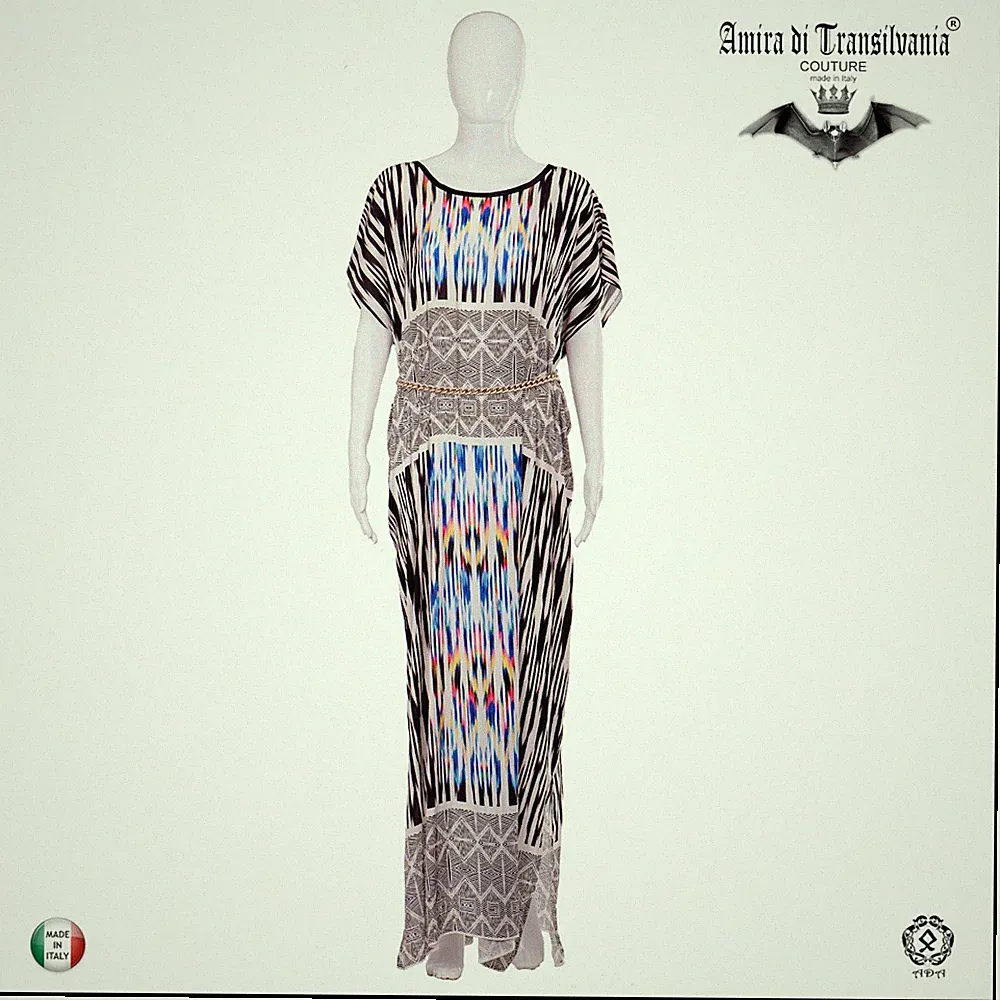Damen Kleid Kaftankleid bequem lang Chiffon Tribal Muster Mode Curvy
