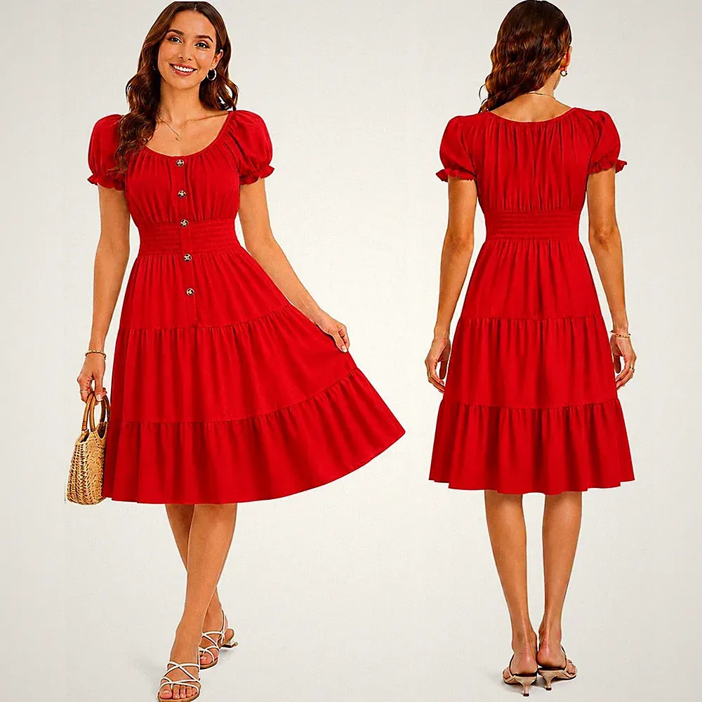 Damen Kleid Knopfleiste gesmokte Taille Puffärmel Stufen Boho fließend A-Linie