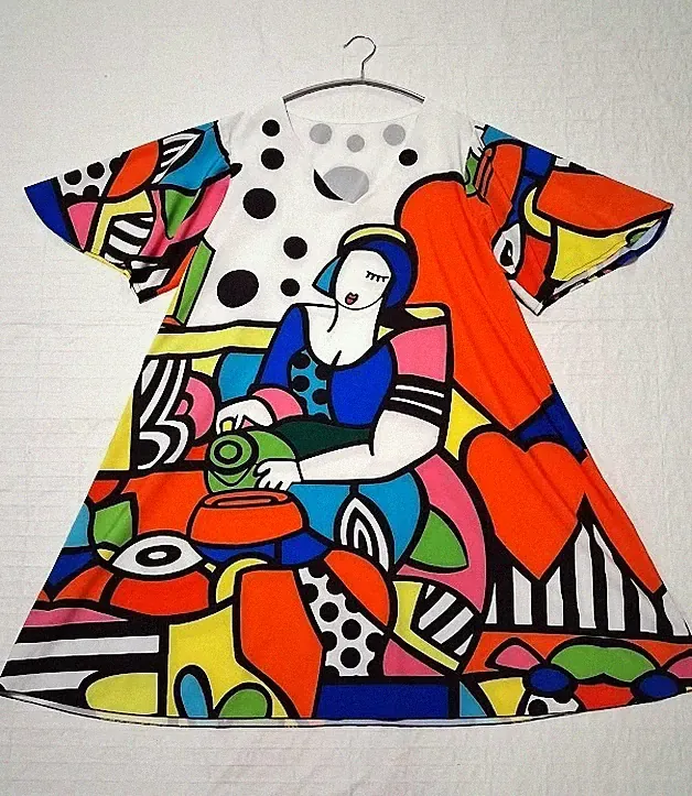 Damen Kleid Kreativ Druck Kleid A-Linie Gr. M