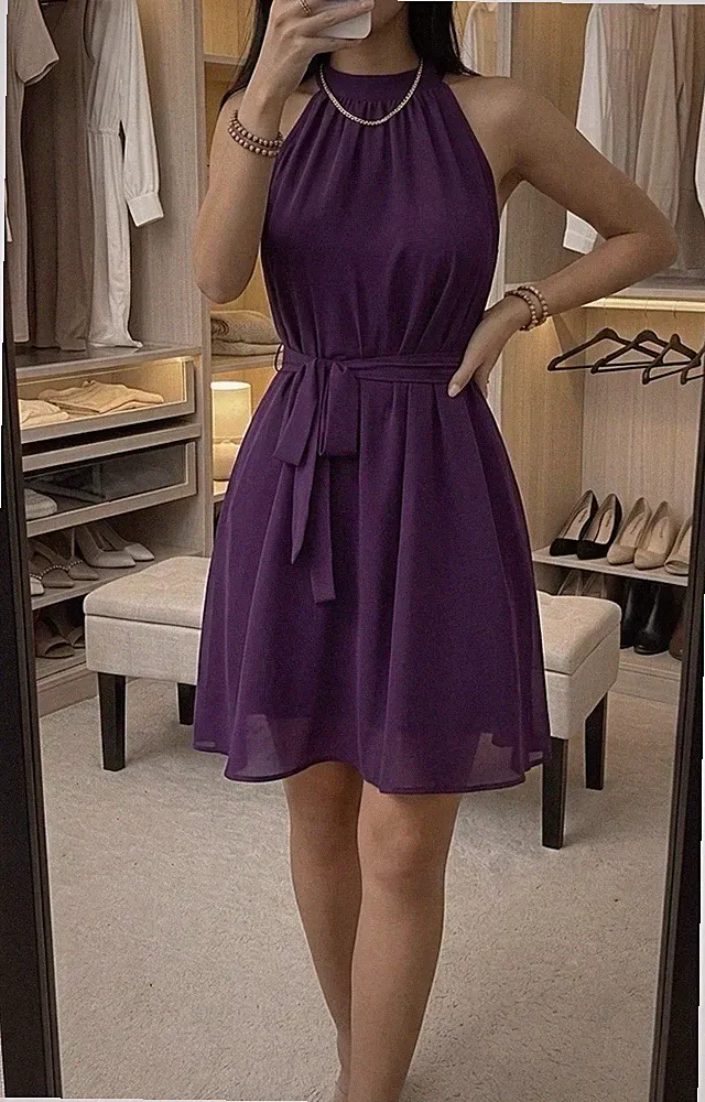 Damen Kleid kurz S Normalgröße Lila A-Linie Neckholder ärmellos Bindegürtel