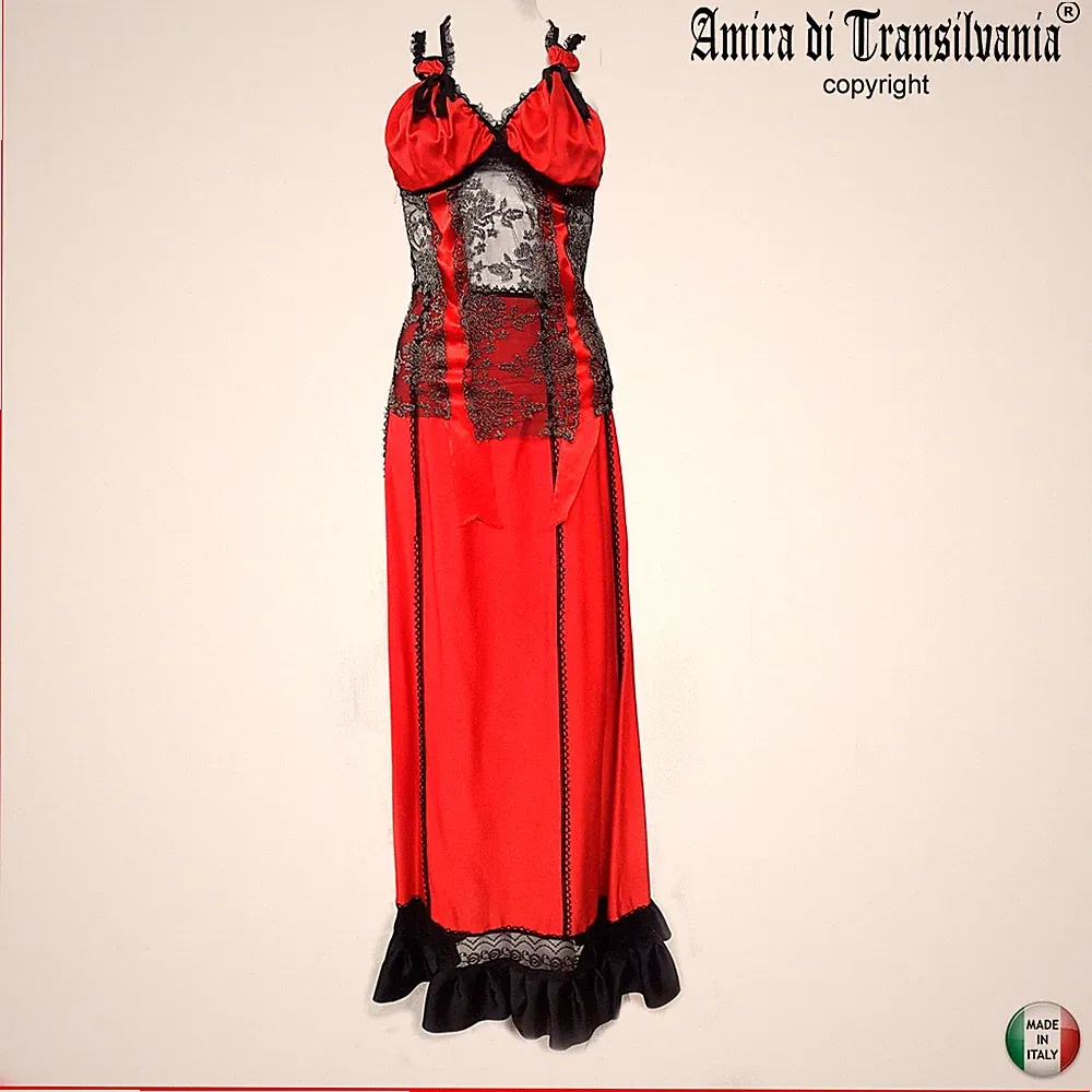 Damen Kleid Langes Kleid Komplett Top Spitze Schwarz und Rock Rot Satin Elegant