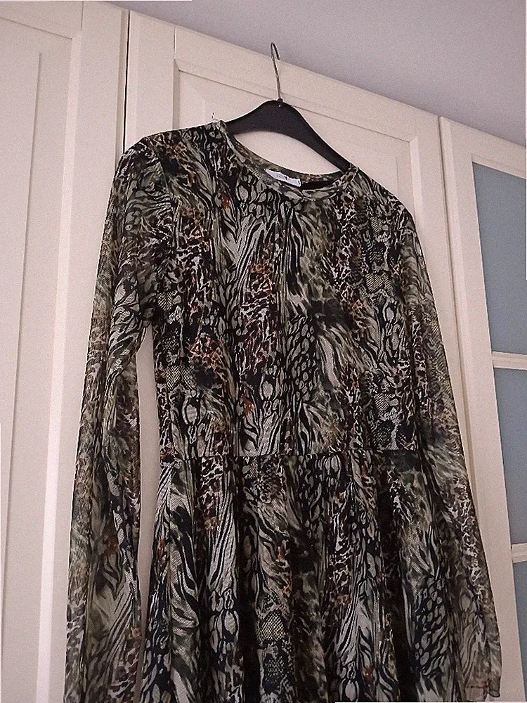 Damen Kleid Leo-Look Leo-Mesh Gr.L Länge ca. 110cm mit Unterkleid