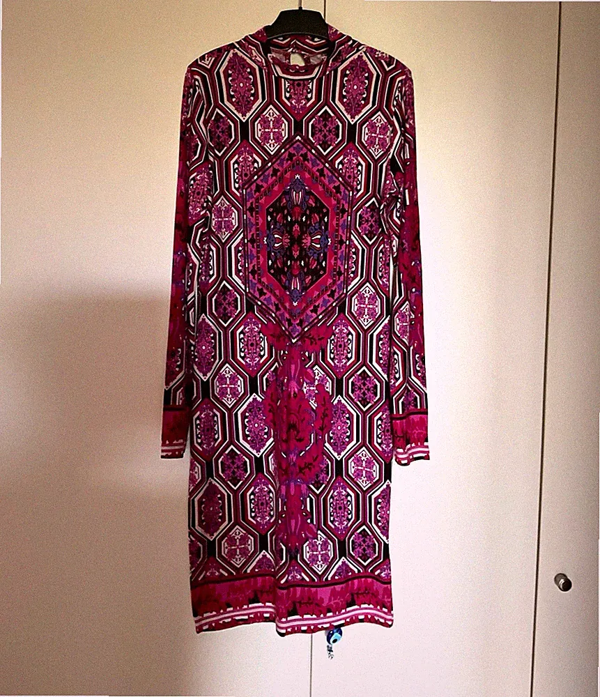 Damen Kleid mehrfarbig geometrisches Muster 70er Jahre Langarm Stehkragen Gr S