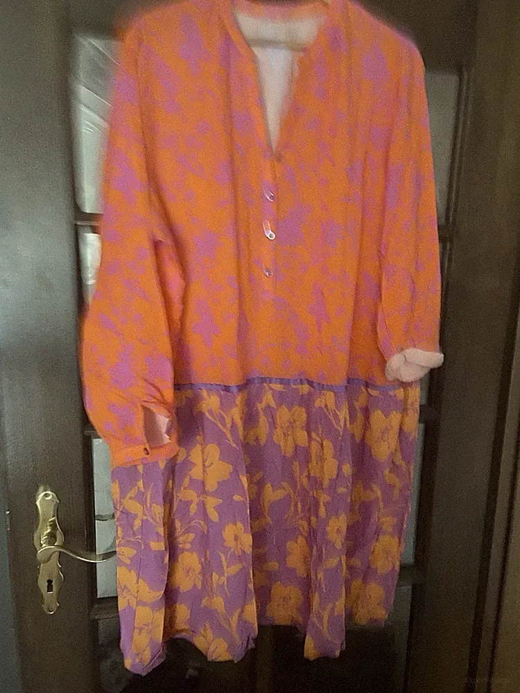 Damen Kleid Midi A-Linie Seidenmischung orange/lila Blumen V-Ausschnitt L