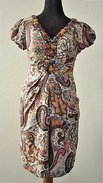 Damen Kleid mit Strasssteinen am Besatz, Paisley Muster, Größe S