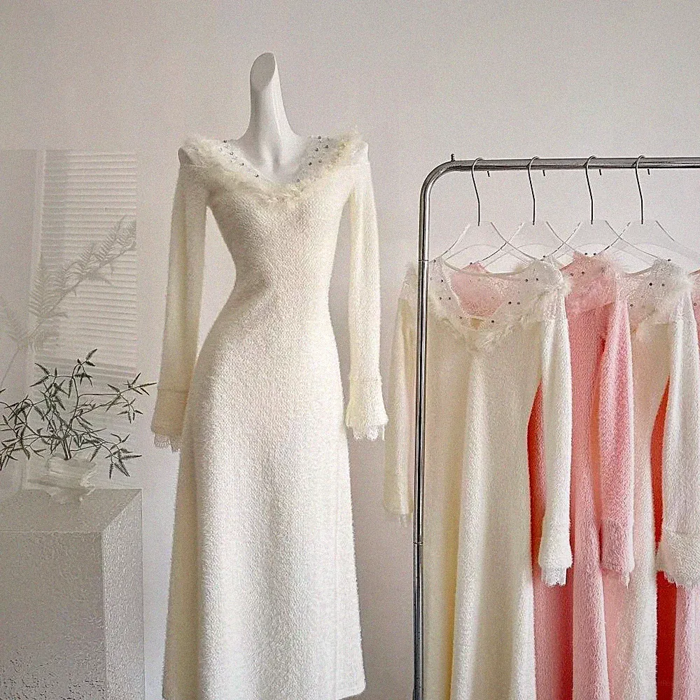 Damen Kleid Rosa Lang Eng Mit Pelzkragen Elegant CF63242