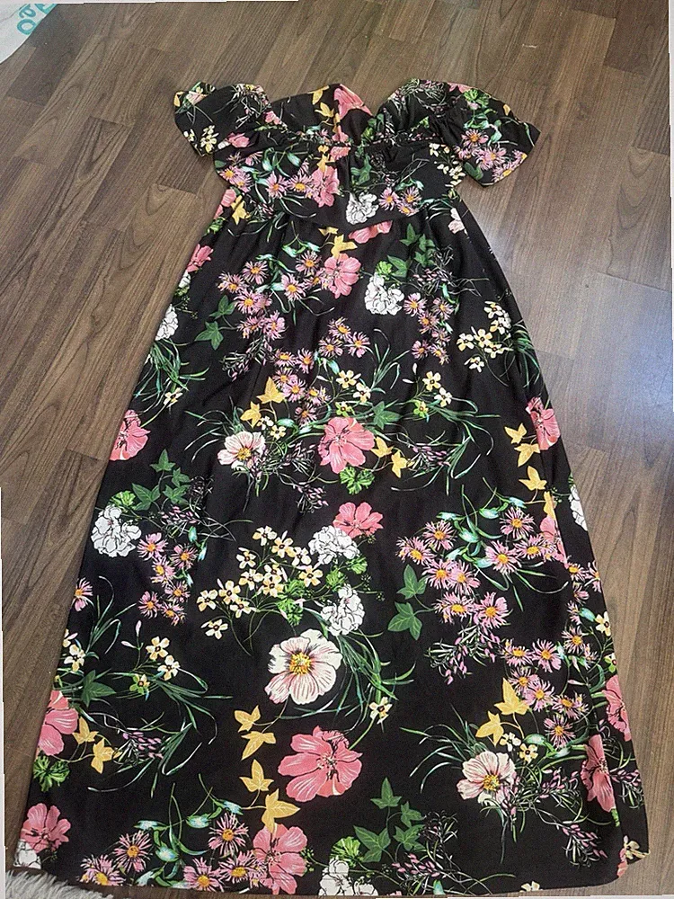 Damen Kleid S Schwarz A-Linie Maxikleid lang Carmen schulterfrei Blumen Rüschen