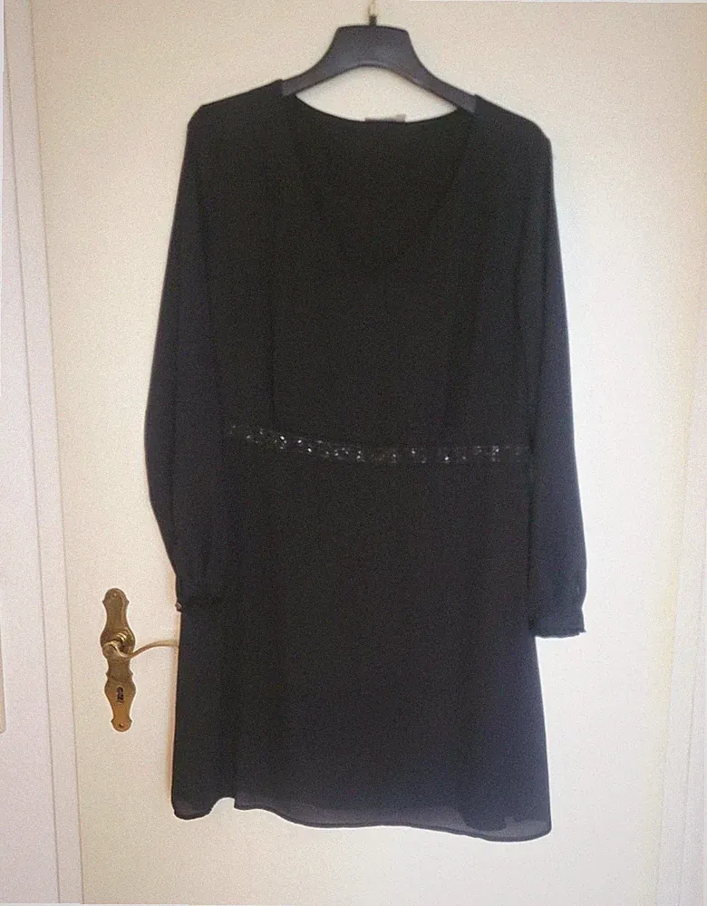 Damen Kleid schwarz kurz A-Linie Langarm V-Ausschnitt Chiffon Gr. L