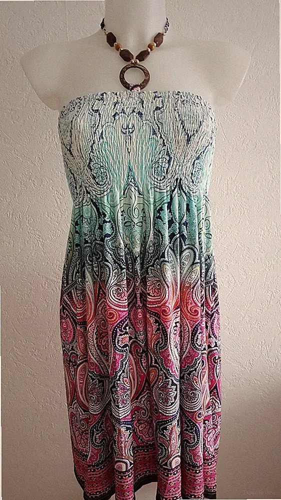 Damen Kleid Sommer A-Linie Gesmokt Bandeau Paisley Knielang One Size 36,38,40
