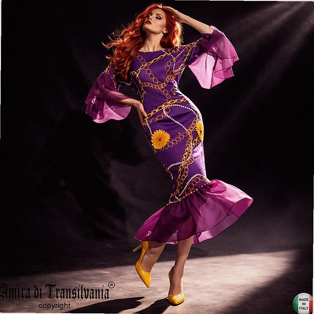Damen Kleid Sommerkleid Elegant Lang Blumen Kettendruck High Fashion Designer