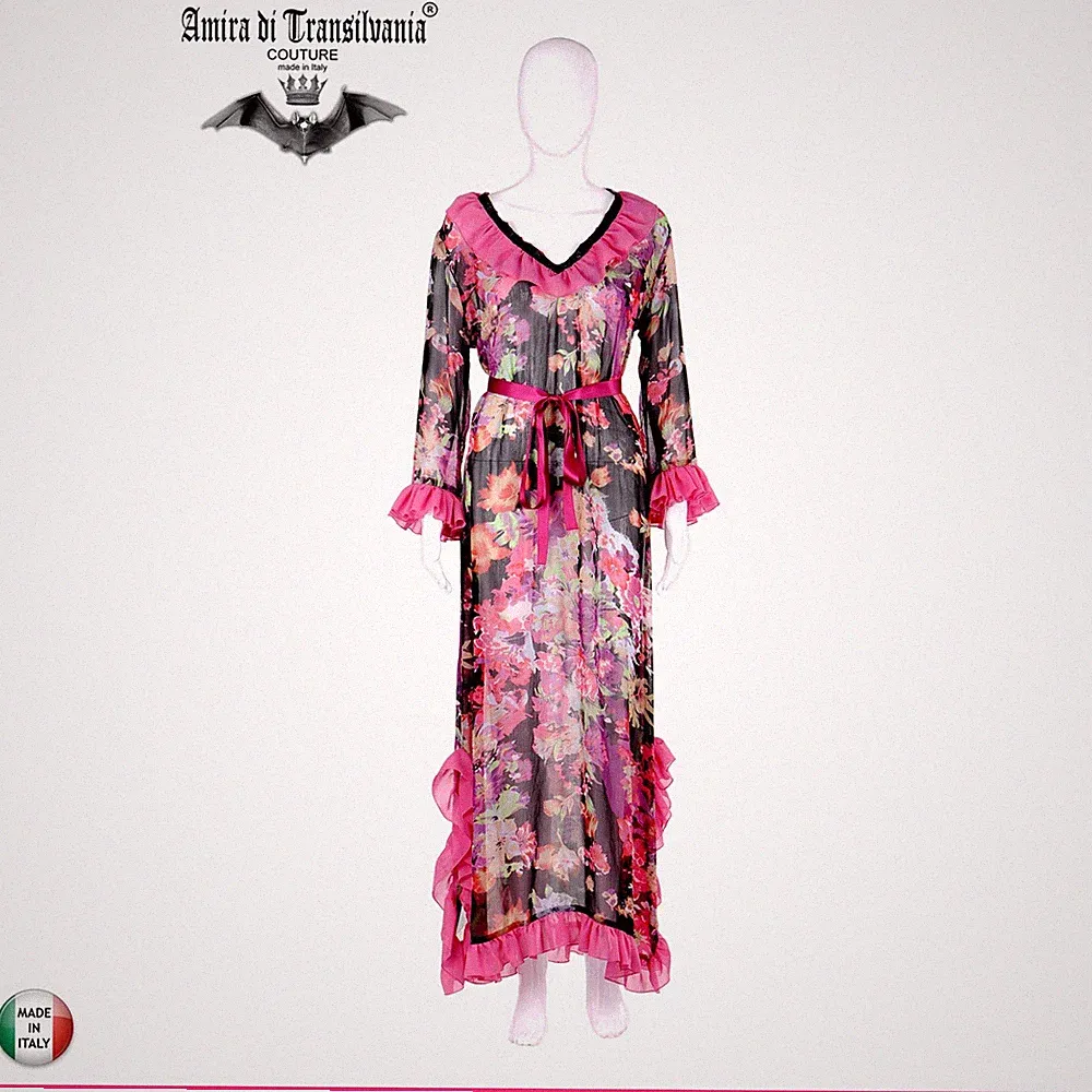 Damen Kleid Sommerkleid Kaftan Elegant Curvy Lang Chiffon Rosa Blumen 42