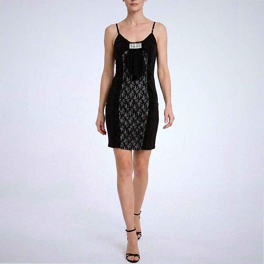 Damen Kleid Stretch Gr. S Spitze Cocktailkleid Etuikleid Träger Kleid Schwarz