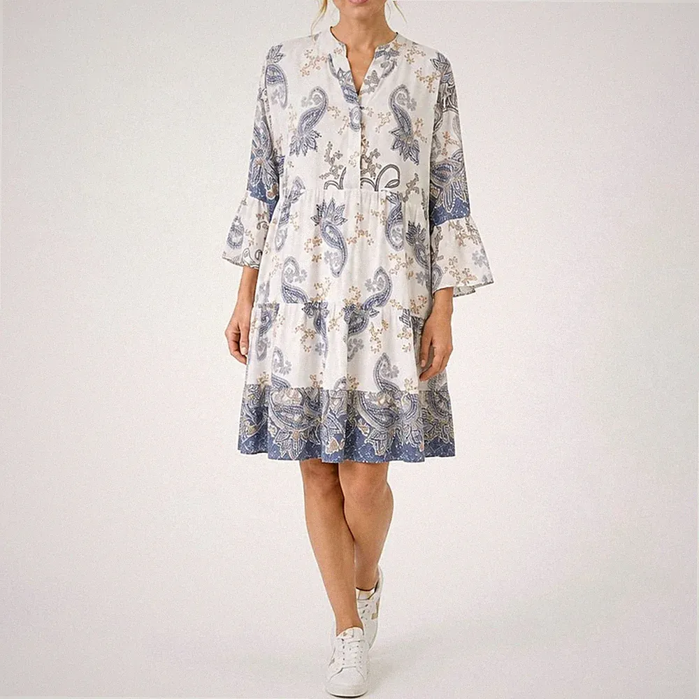 Damen Kleid Tunika Paisley Muster Weiß V-Ausschnitt Hängerchen Viskose Gr. 38 40