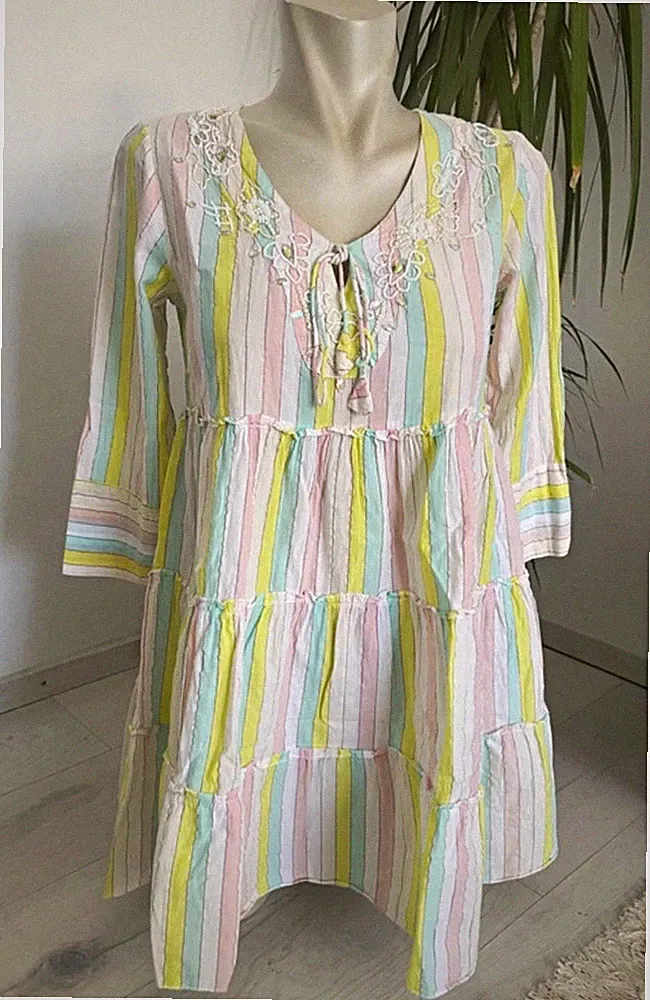 Damen Kleid Tunika S kurz 3/4-Arm Stickerei 36 Perlen Bunt