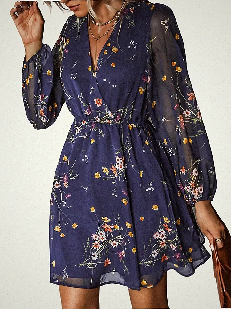 Damen Kleid V Ausschnitt Wickeloptik Langarm Blumenmuster A Linien Freizeitkl...
