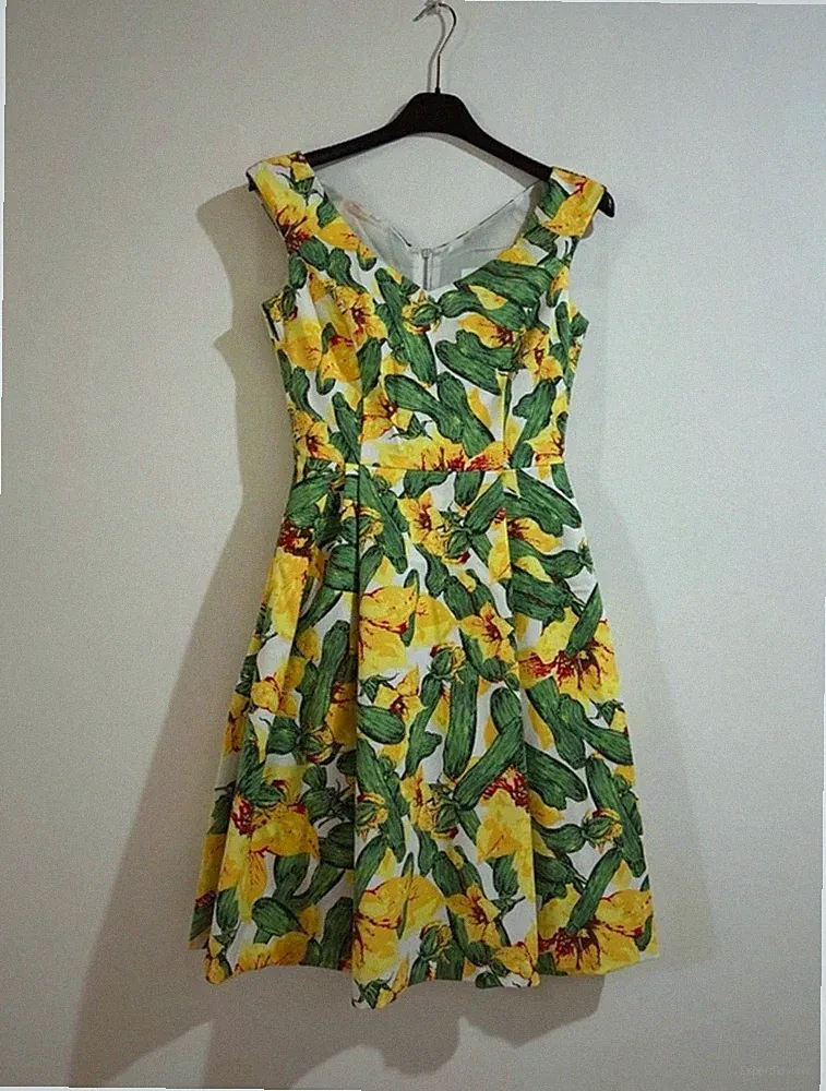 Damen Kleid Vintage Style 50er Jahre Rad Blumendruck gelb/grün Größe S