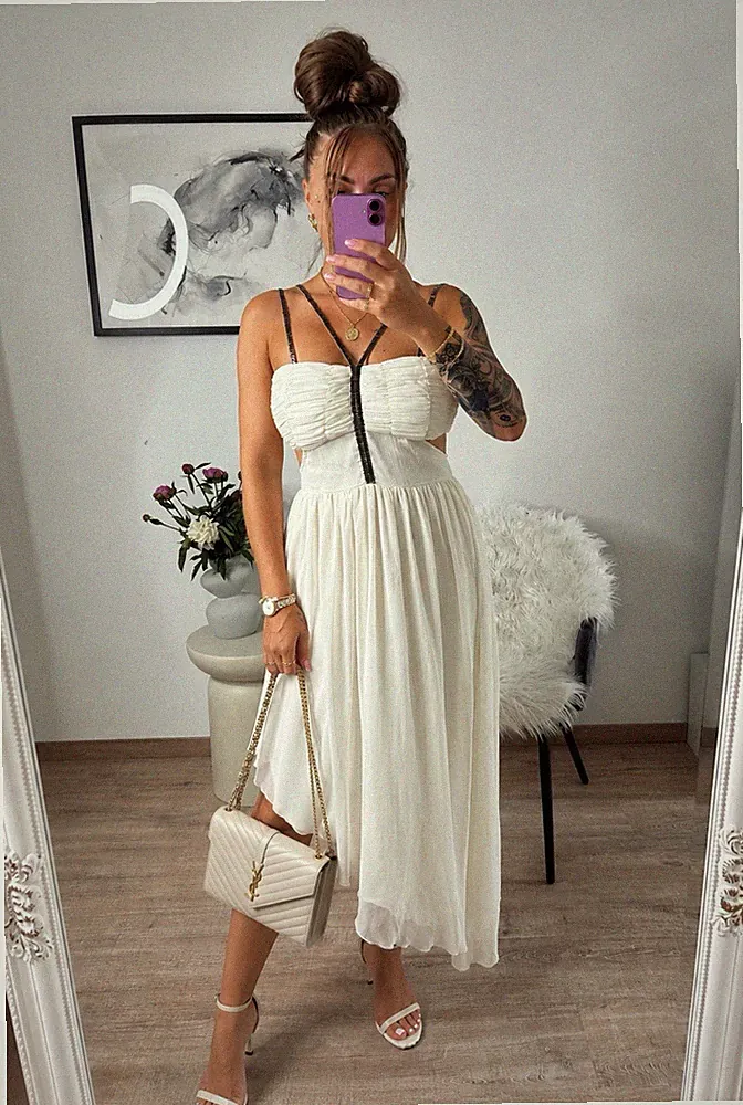 Damen Kleid weiß Gr. M Midi A-Linie Spaghettiträger Reißverschluss
