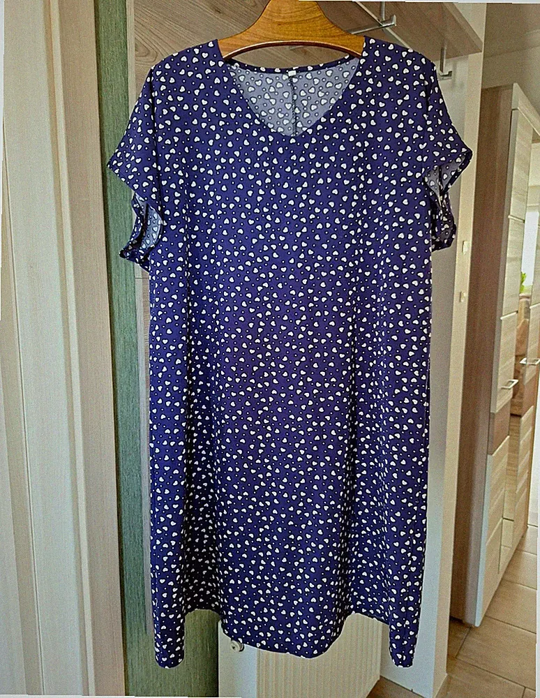 Damen Kleid XL blau/weiß gepunktet A-Linie Kurzarm knielang Rundhals