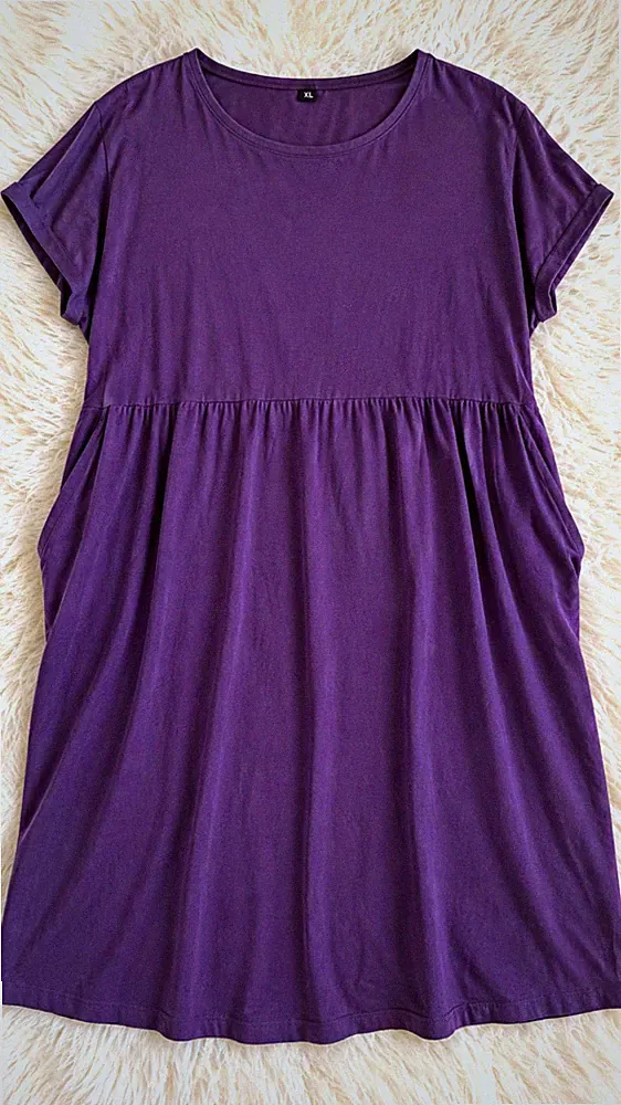 Damen Kleid XL lila unifarben A-Linie Kurzarm Rundhals knielang