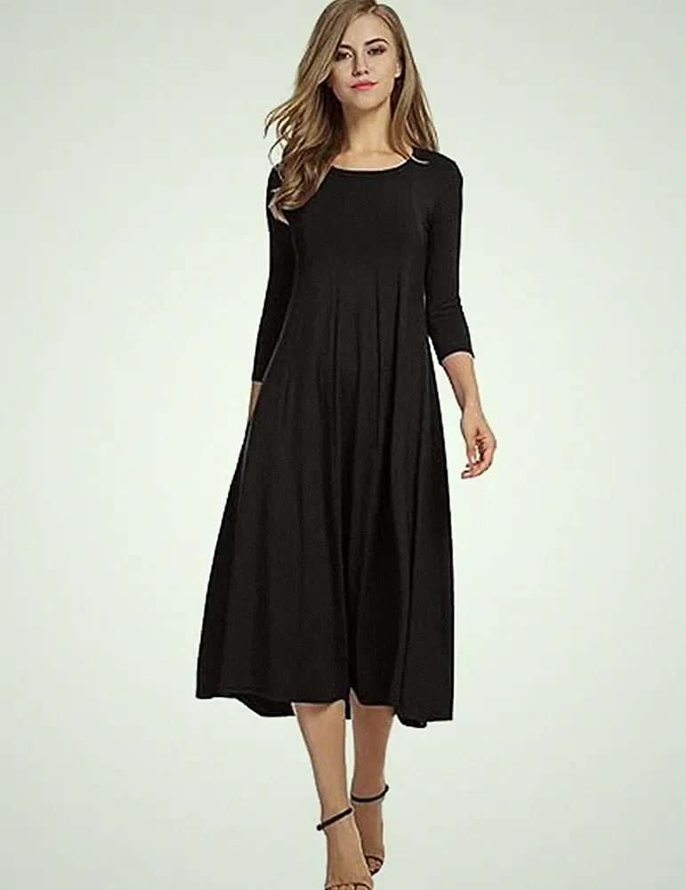 Damen Kleider Elegante A Linie Midi Kleid Sommer Tshirt Kleid 3/4 Arm Tunikak...