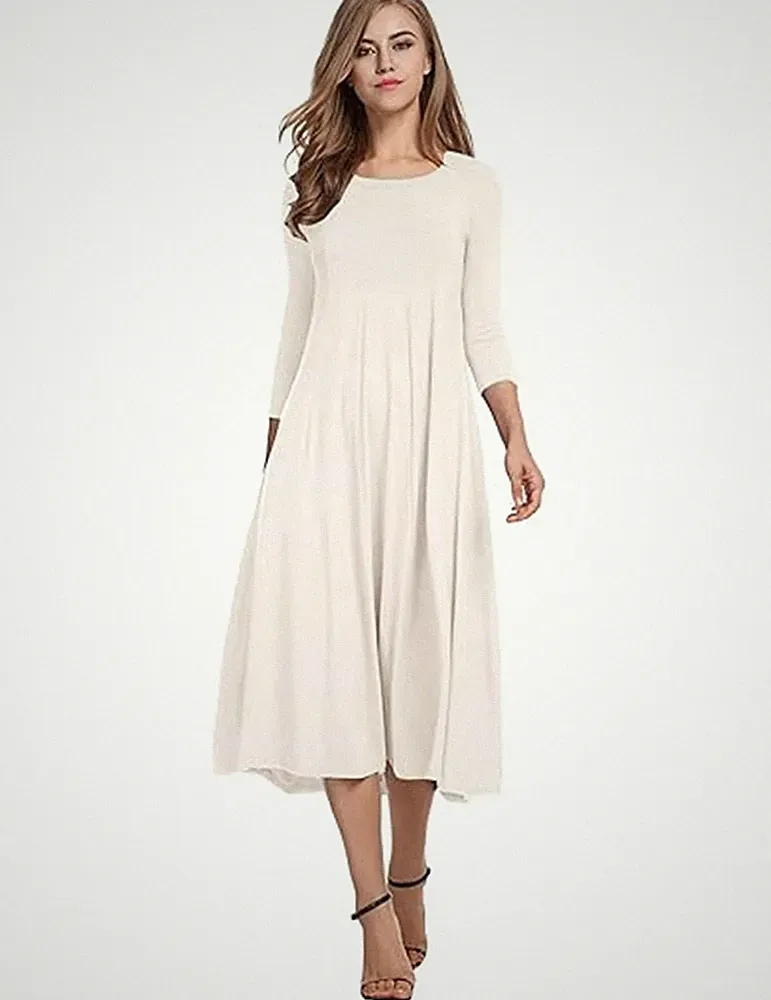 Damen Kleider Elegante Midi Tunika Kleid ALinie 3/4 Ärmel Kleid Rundhals Einf...