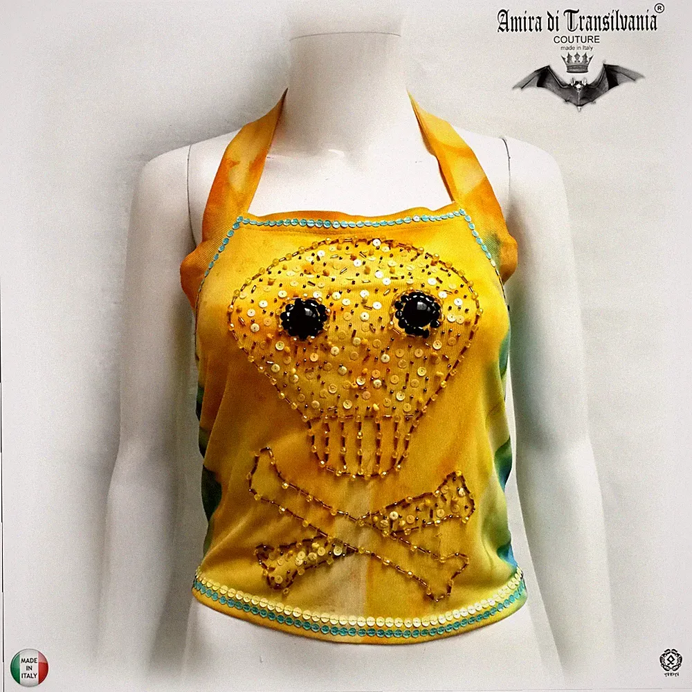 Damen Kleidung Sommer Top T-Shirt Shirt Bluse Totenkopf Stickerei Pailletten