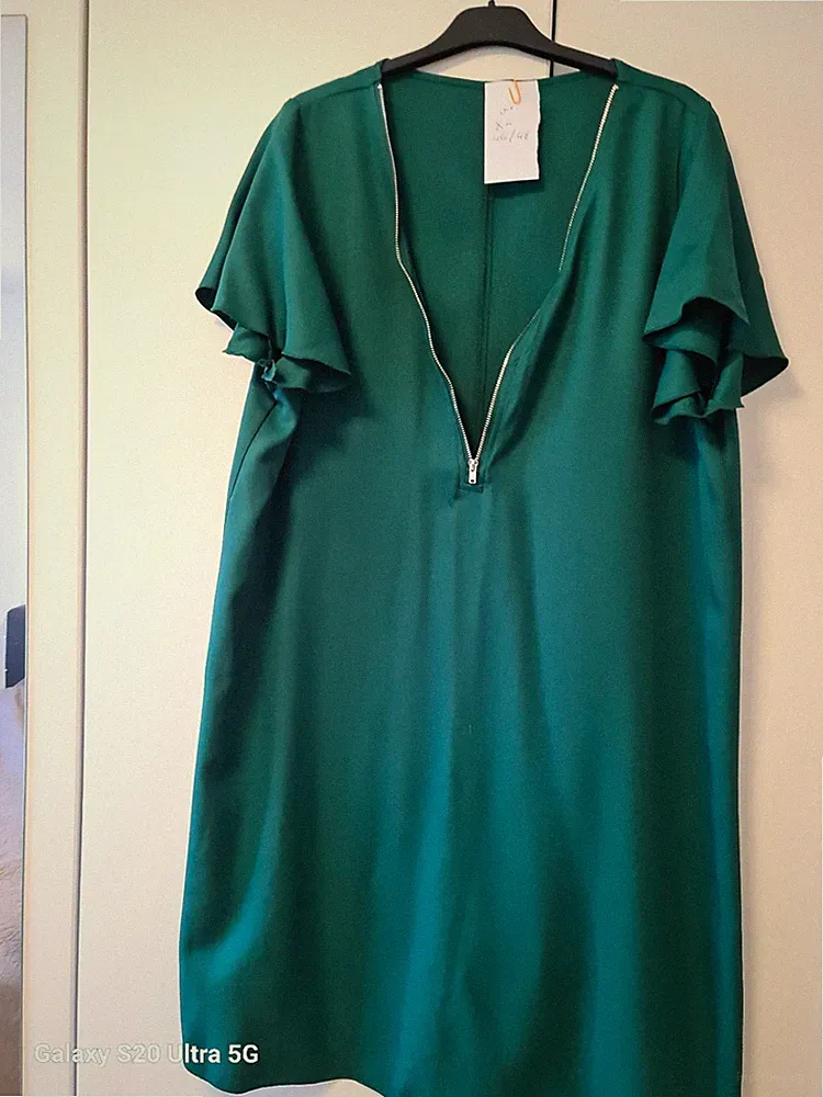 Damen Knie Kleid Grün Etuikleid V-Ausschnitt Flatterärmel Reißverschluss XL