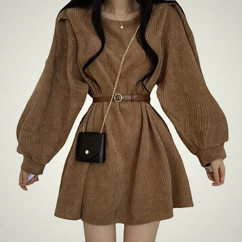 Damen Kord Kleid Retro Puffärmel mit Gürtel Rundhals Kleider Solid Herbst