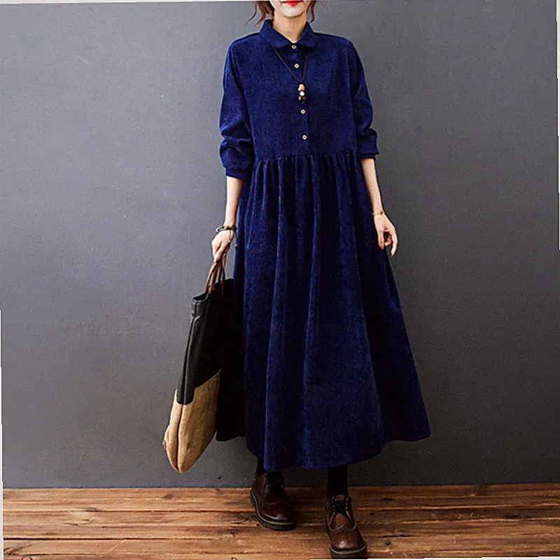 Damen Kord Langes Kleid Retro Big Swing Warm A-Linie Locker Kleid Blau Rote